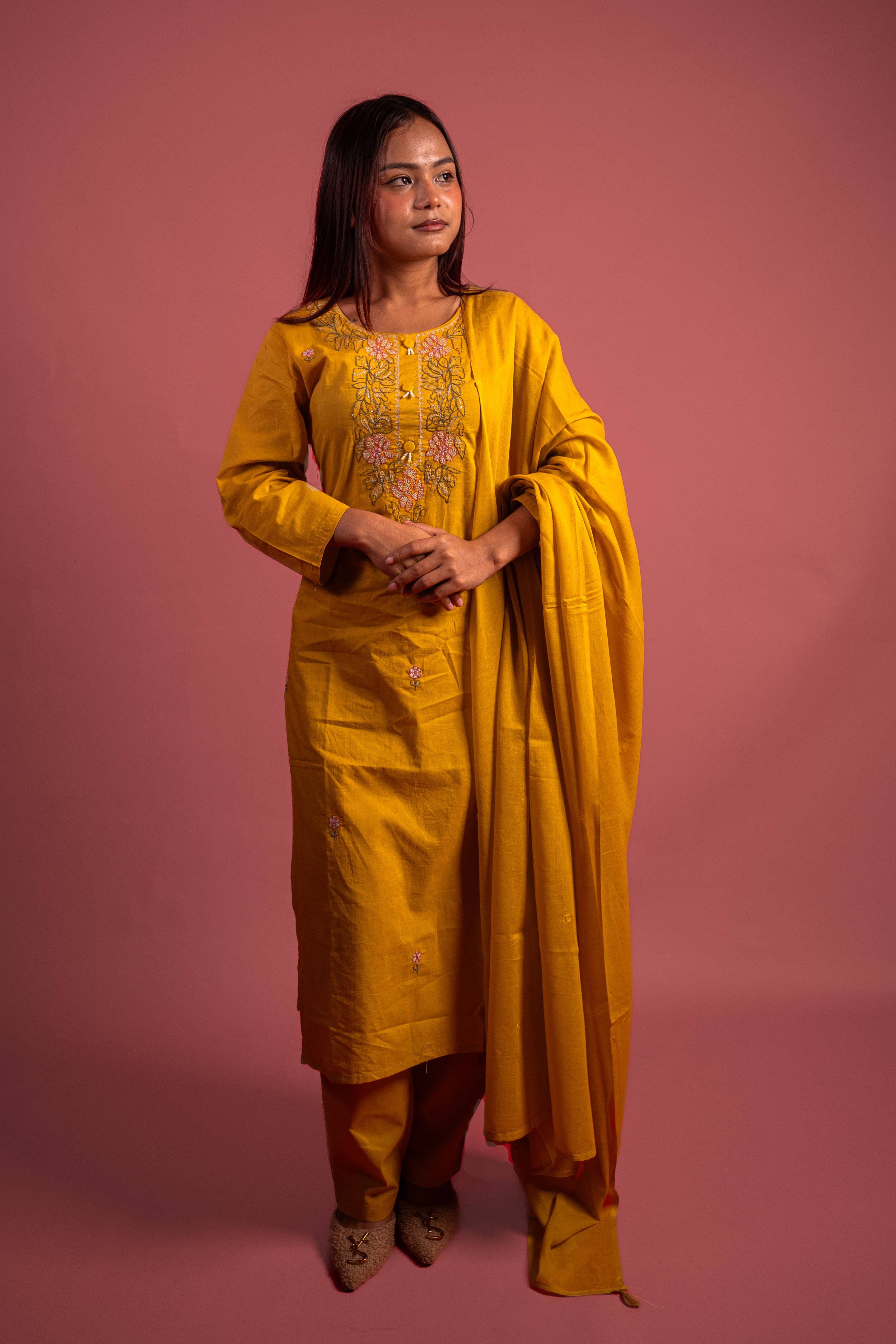 Graceful Mustard Yellow Cotton Salwar Suit with Mirror Work & Embroidery