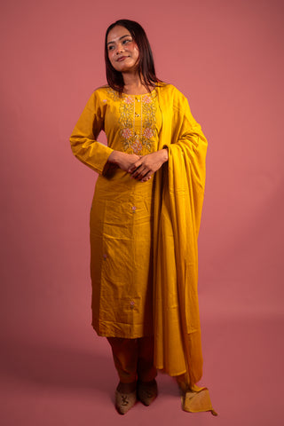 Graceful Mustard Yellow Cotton Salwar Suit with Mirror Work & Embroidery
