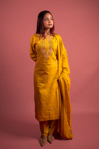 Graceful Mustard Yellow Cotton Salwar Suit with Mirror Work & Embroidery