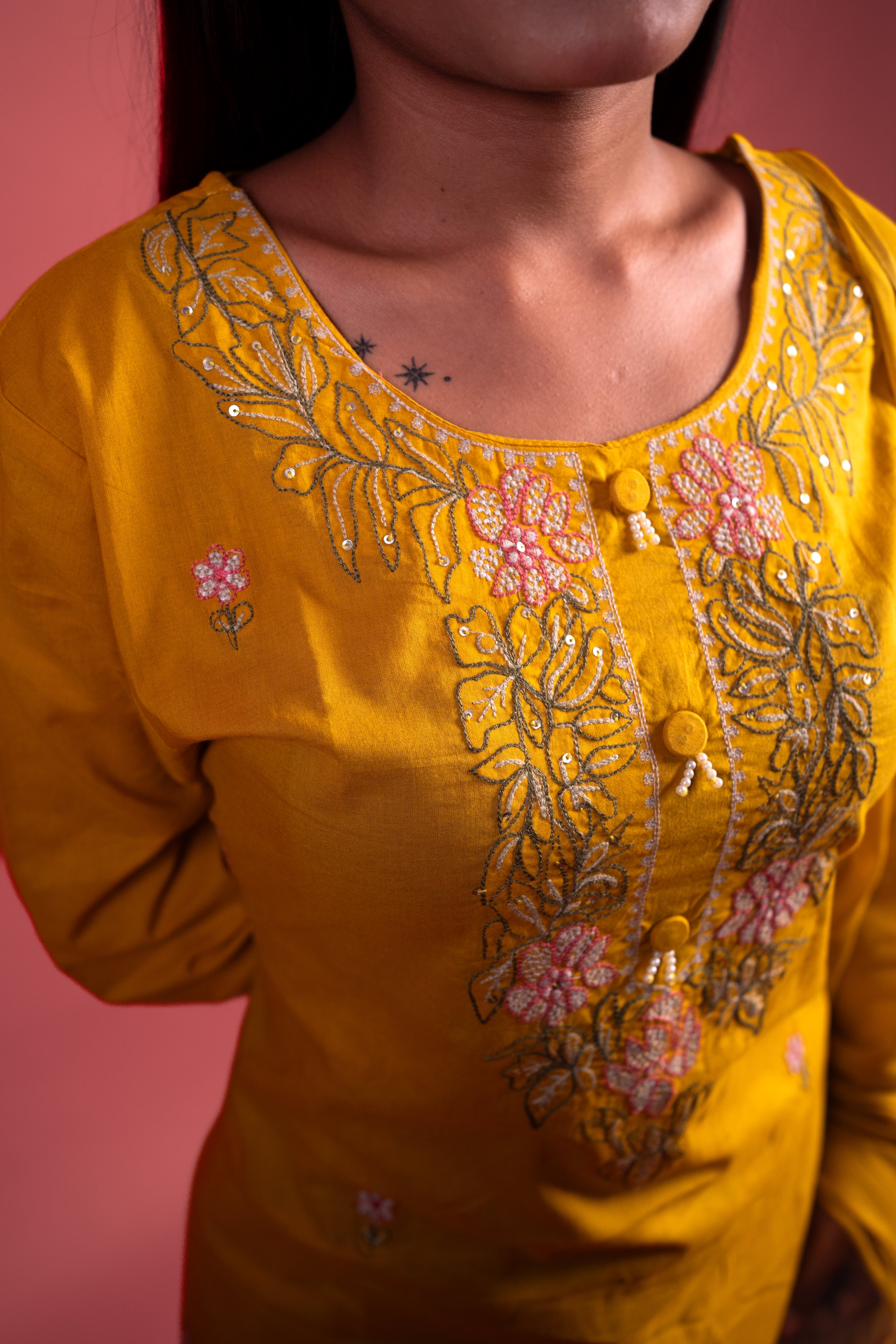 Graceful Mustard Yellow Cotton Salwar Suit with Mirror Work & Embroidery