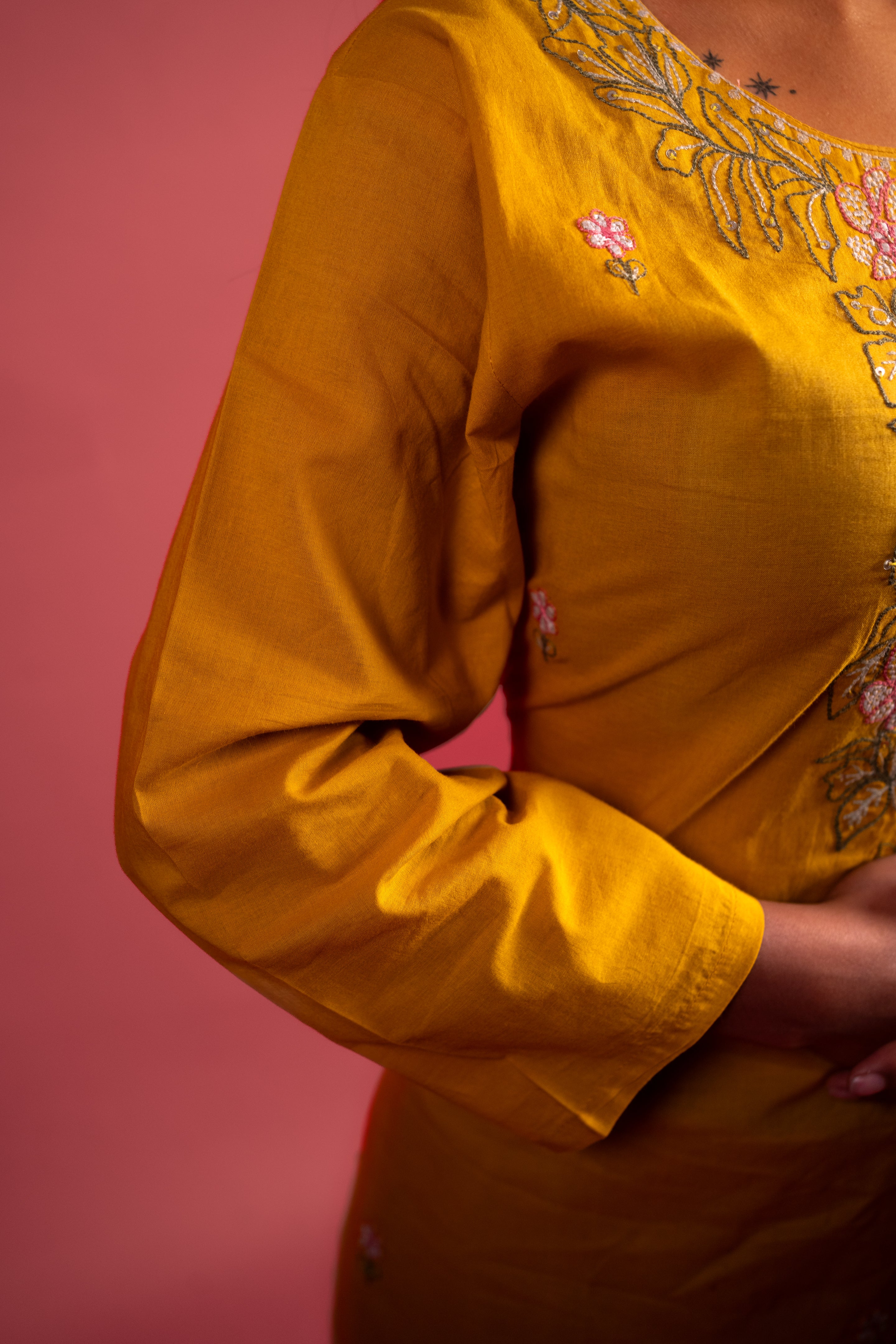 Graceful Mustard Yellow Cotton Salwar Suit with Mirror Work & Embroidery