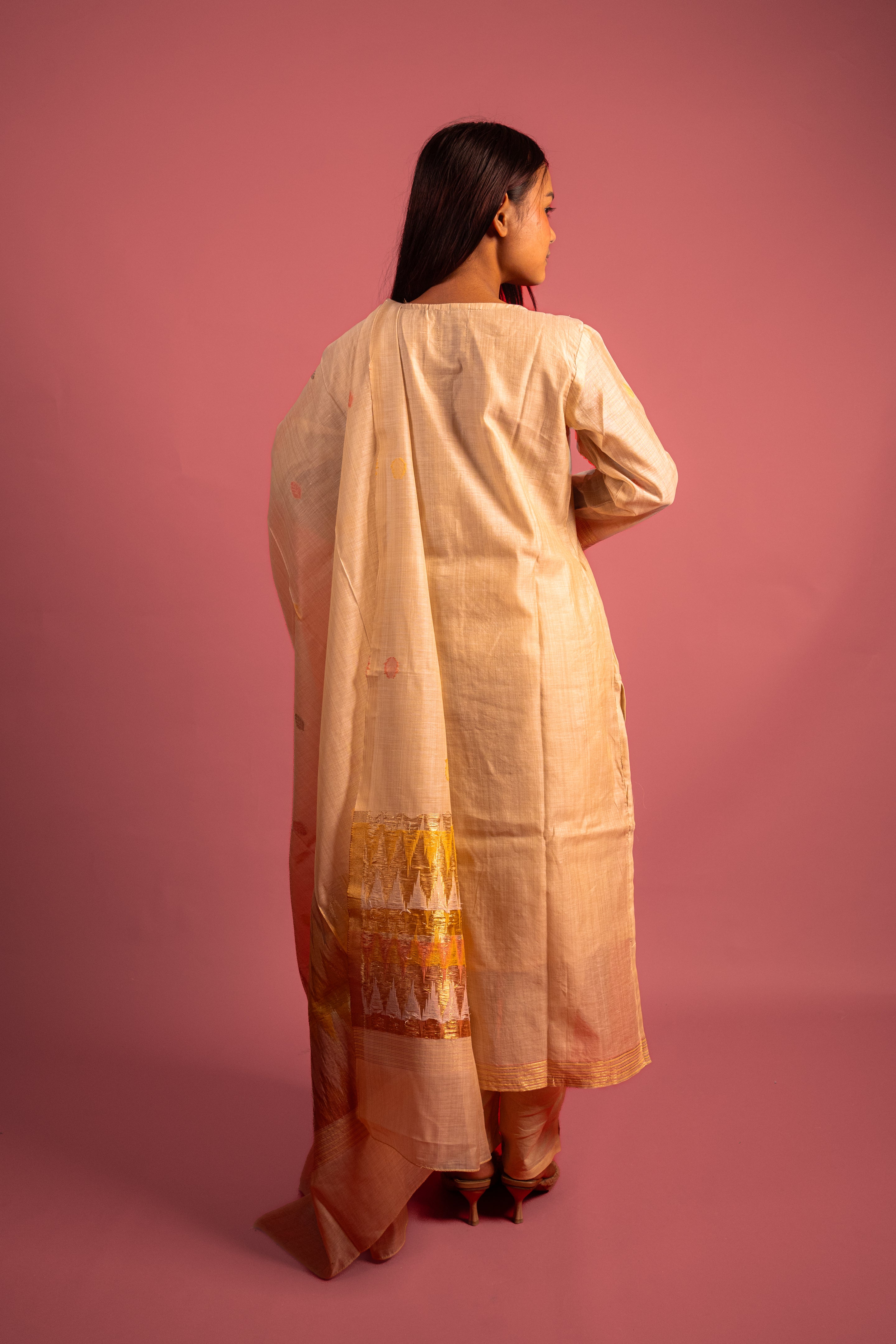 Cream and Mustard Chevron Border Suit Set with Embroidered Neckline