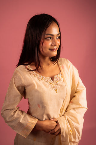Cream and Mustard Chevron Border Suit Set with Embroidered Neckline