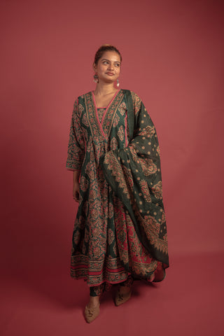 Regal Emerald and Rose Pink Embroidered Anarkali Suit Set