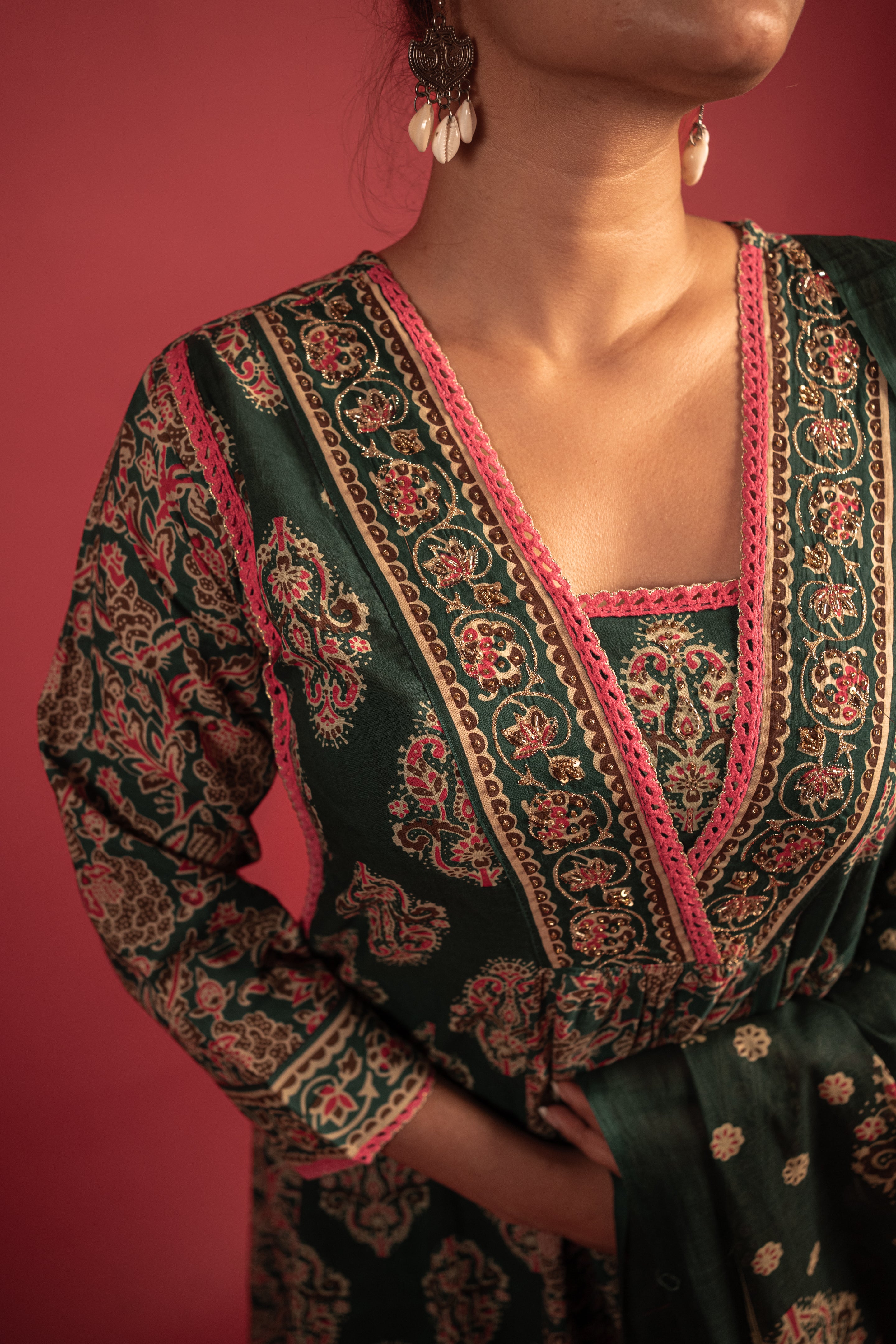 Regal Emerald and Rose Pink Embroidered Anarkali Suit Set
