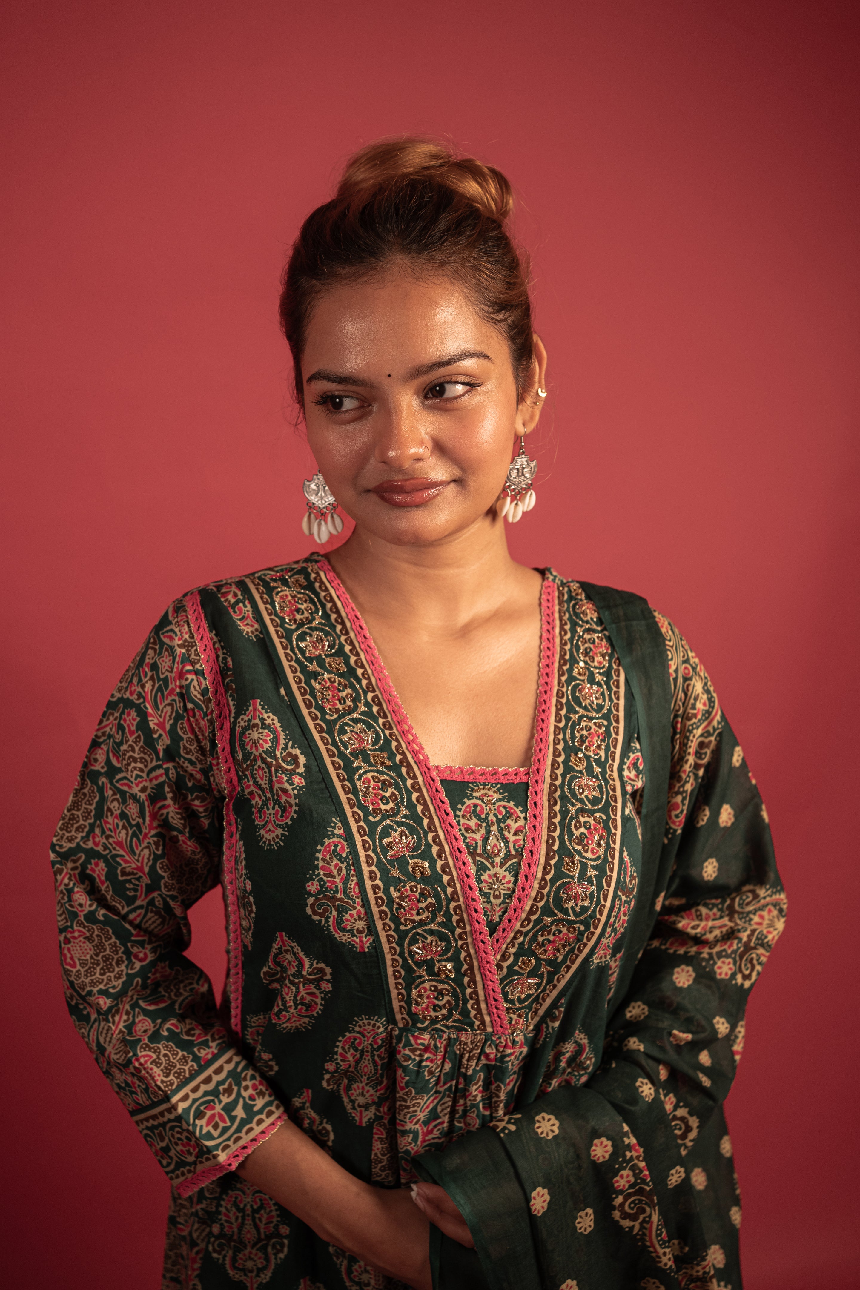 Regal Emerald and Rose Pink Embroidered Anarkali Suit Set