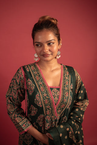 Regal Emerald and Rose Pink Embroidered Anarkali Suit Set