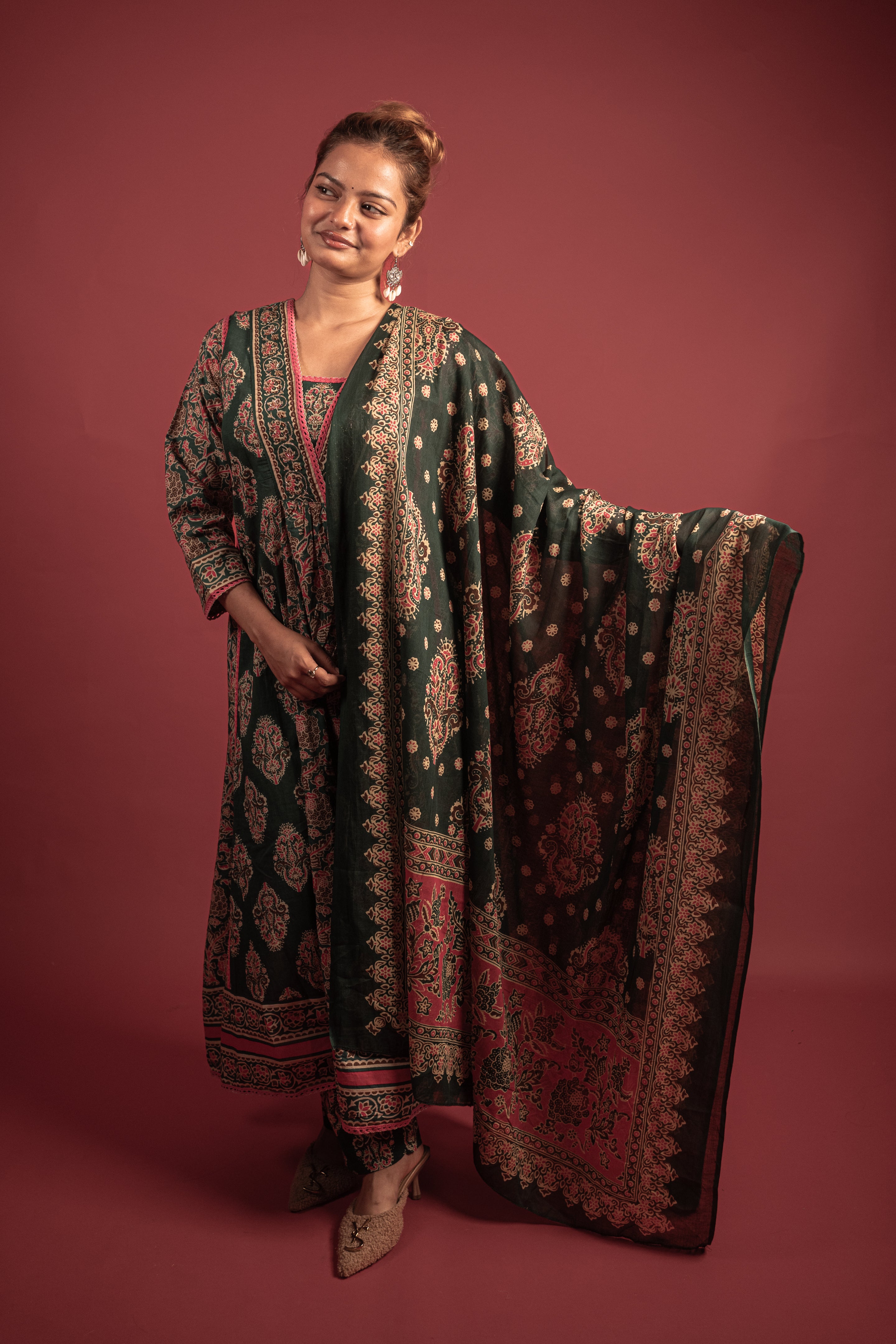 Regal Emerald and Rose Pink Embroidered Anarkali Suit Set