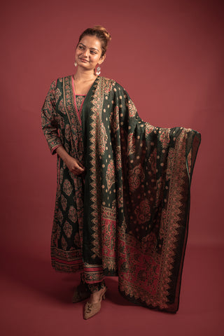 Regal Emerald and Rose Pink Embroidered Anarkali Suit Set