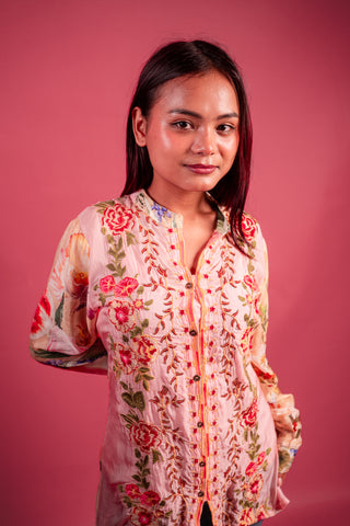 Exquisite Silk Floral Embroidered & Printed Tunic