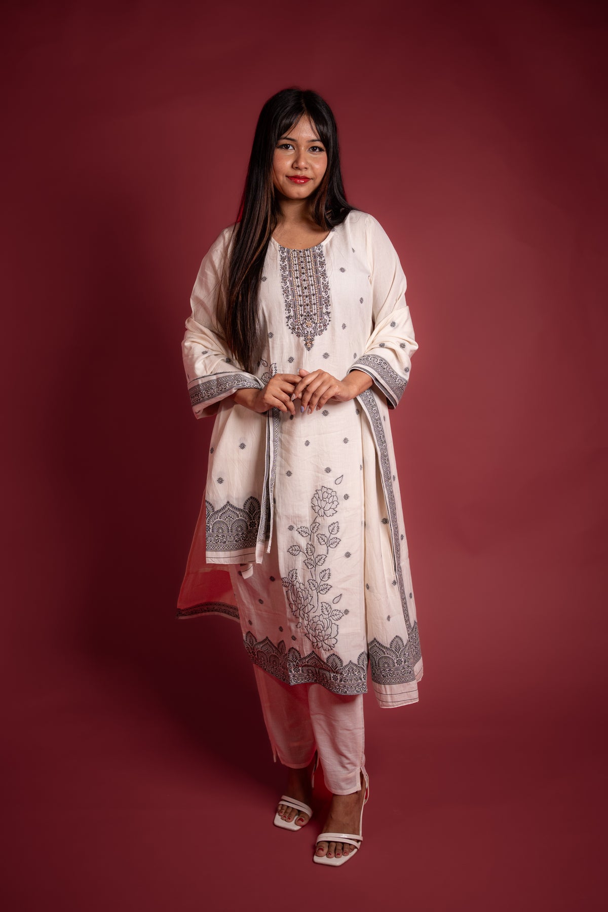 Elegant White and Black Kurta Set with Beaded Yoke