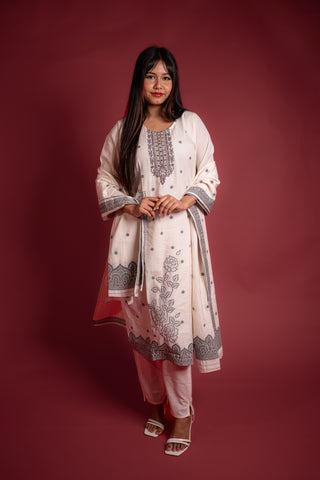 Elegant White and Black Kurta Set with Beaded Yoke