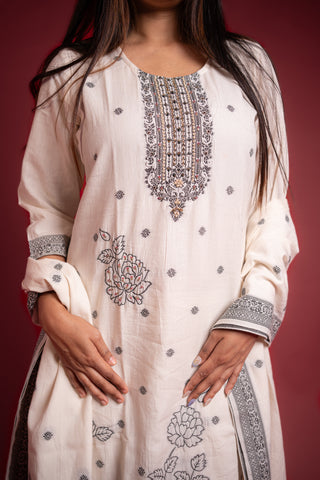 Elegant White and Black Kurta Set with Beaded Yoke