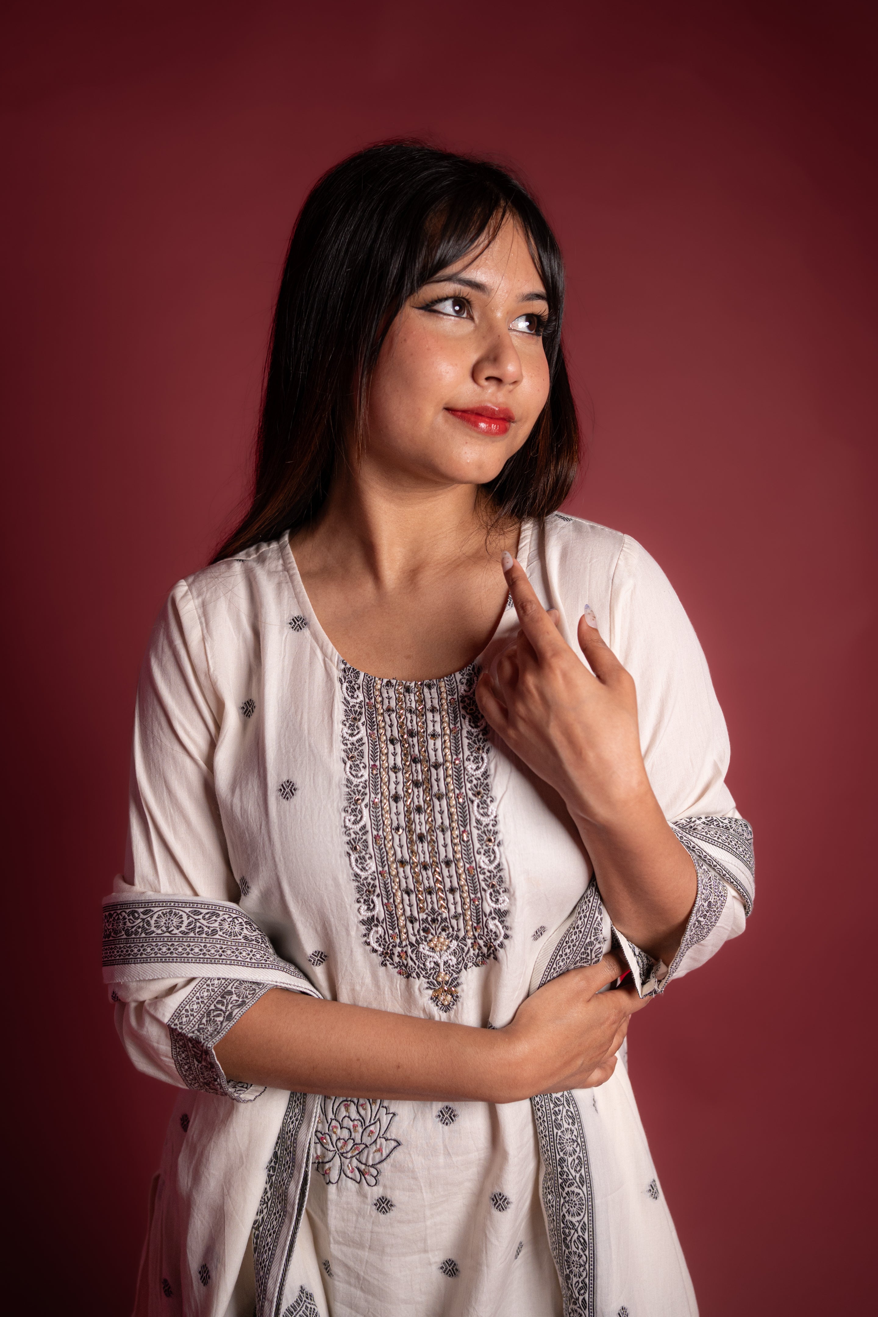 Elegant White and Black Kurta Set with Beaded Yoke