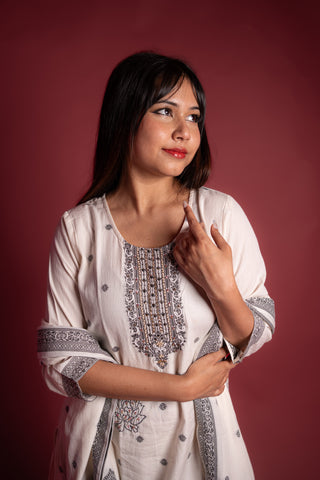 Elegant White and Black Kurta Set with Beaded Yoke
