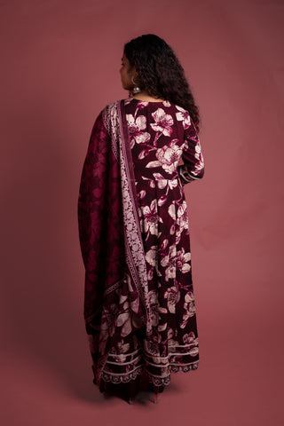 Maroon Printed Cotton Anarkali Kurta Set