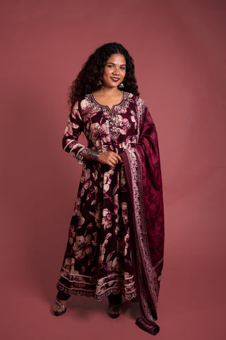 Maroon Printed Cotton Anarkali Kurta Set