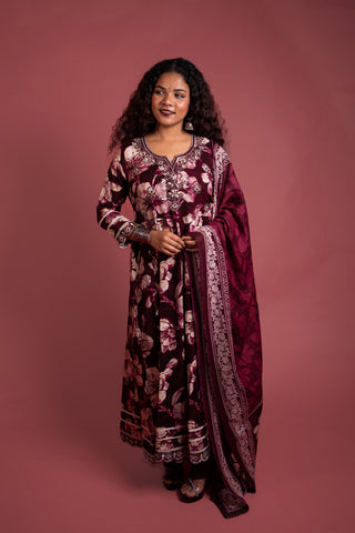 Maroon Printed Cotton Anarkali Kurta Set