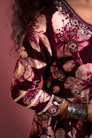 Maroon Printed Cotton Anarkali Kurta Set