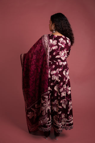 Maroon Printed Cotton Anarkali Kurta Set
