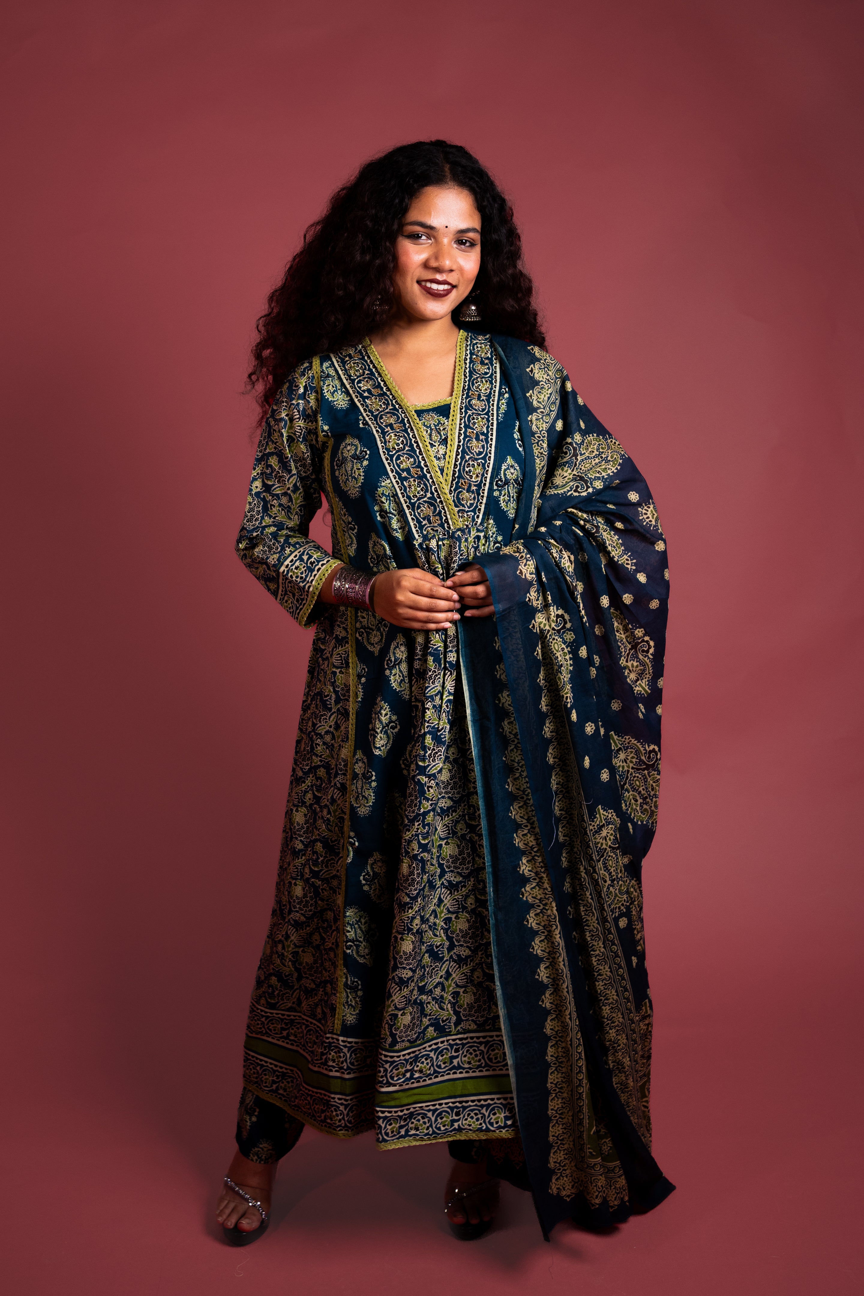 Deep Blue Paisley Print Cotton Anarkali Suit Set with Green Accents