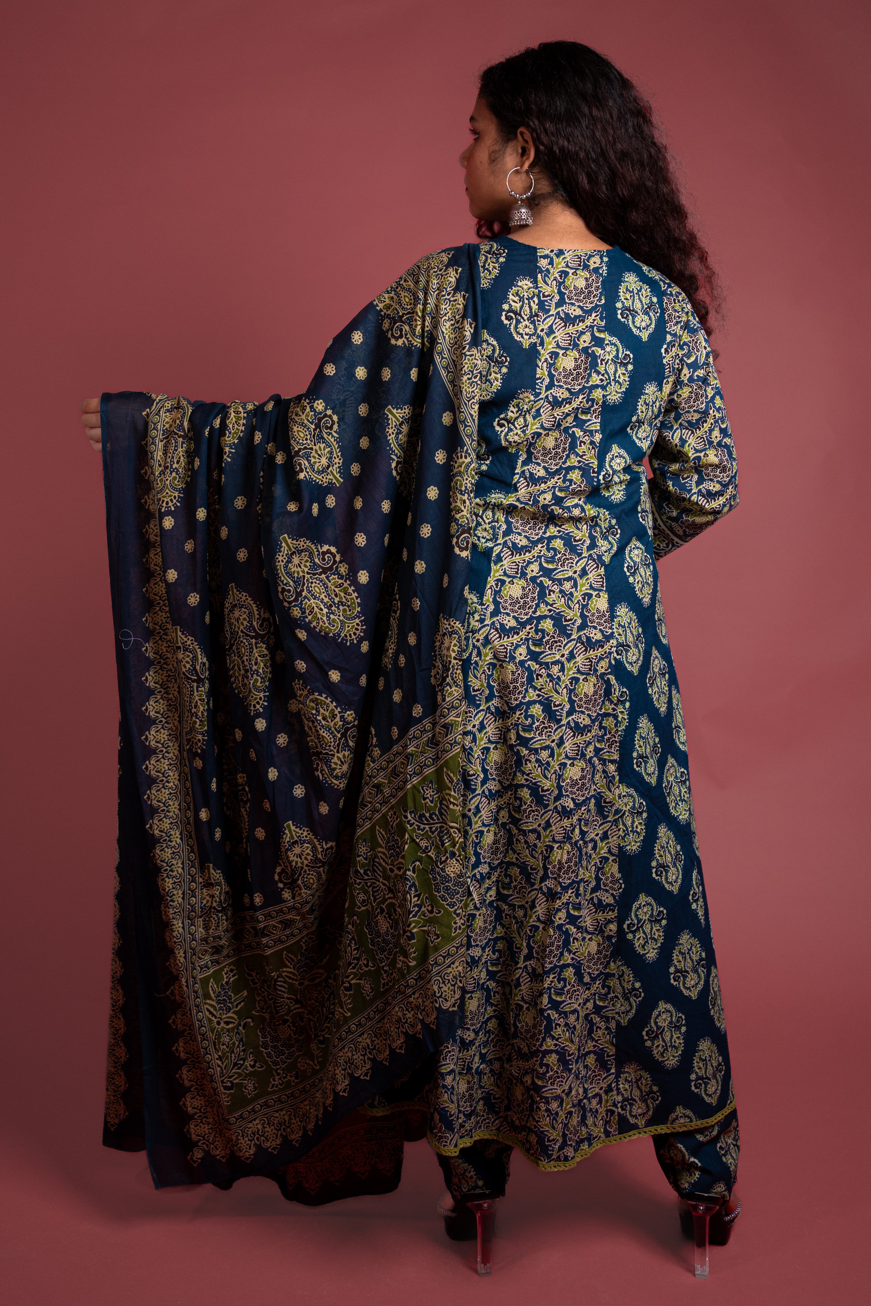 Deep Blue Paisley Print Cotton Anarkali Suit Set with Green Accents