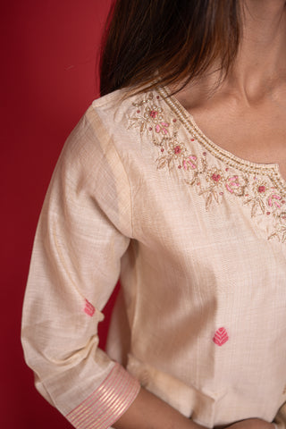 Elegant Cream and Pink Embroidered Kurta Set