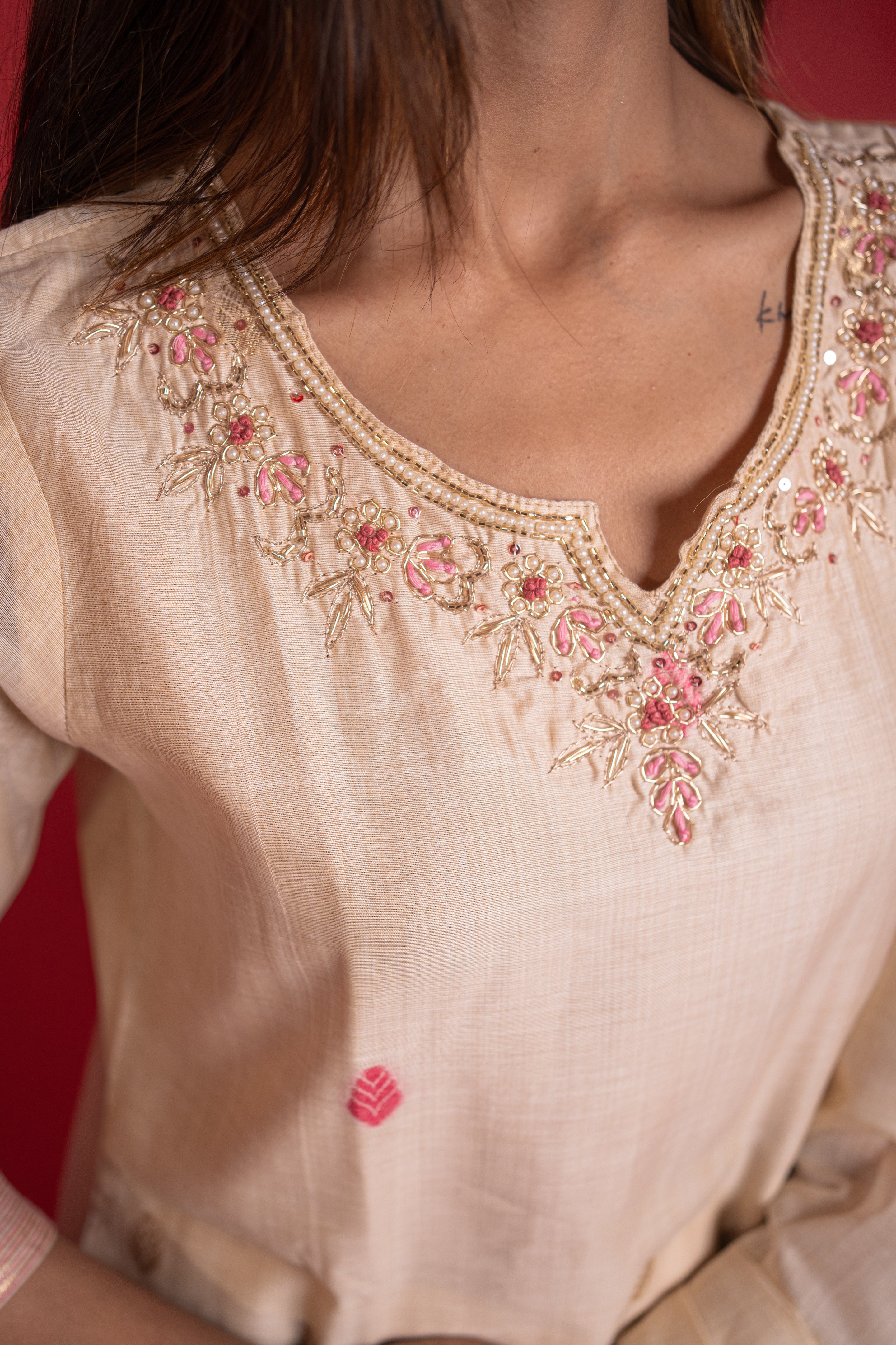 Elegant Cream and Pink Embroidered Kurta Set