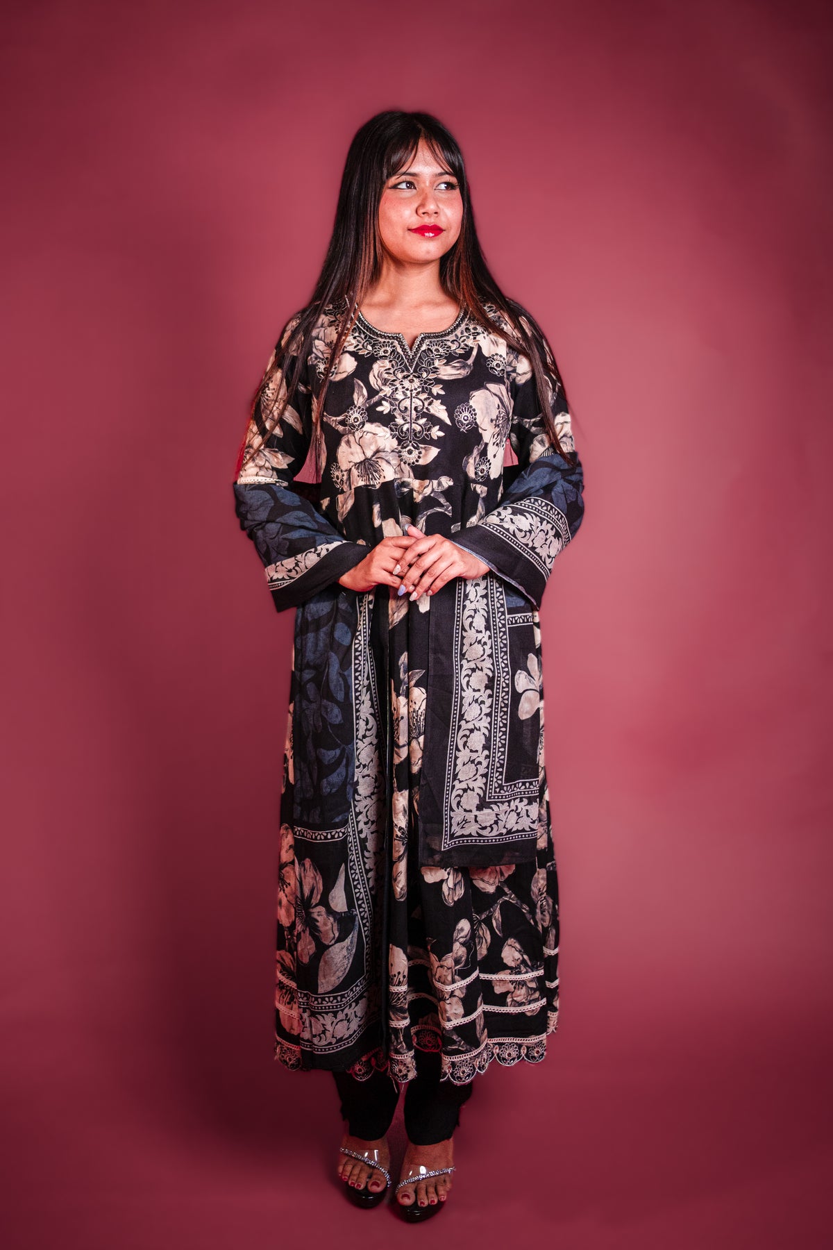 Black Printed Cotton Anarkali Kurta Set with Embroidery