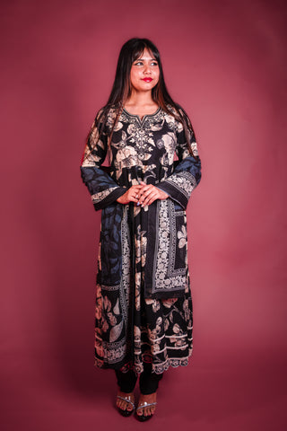 Black Printed Cotton Anarkali Kurta Set with Embroidery