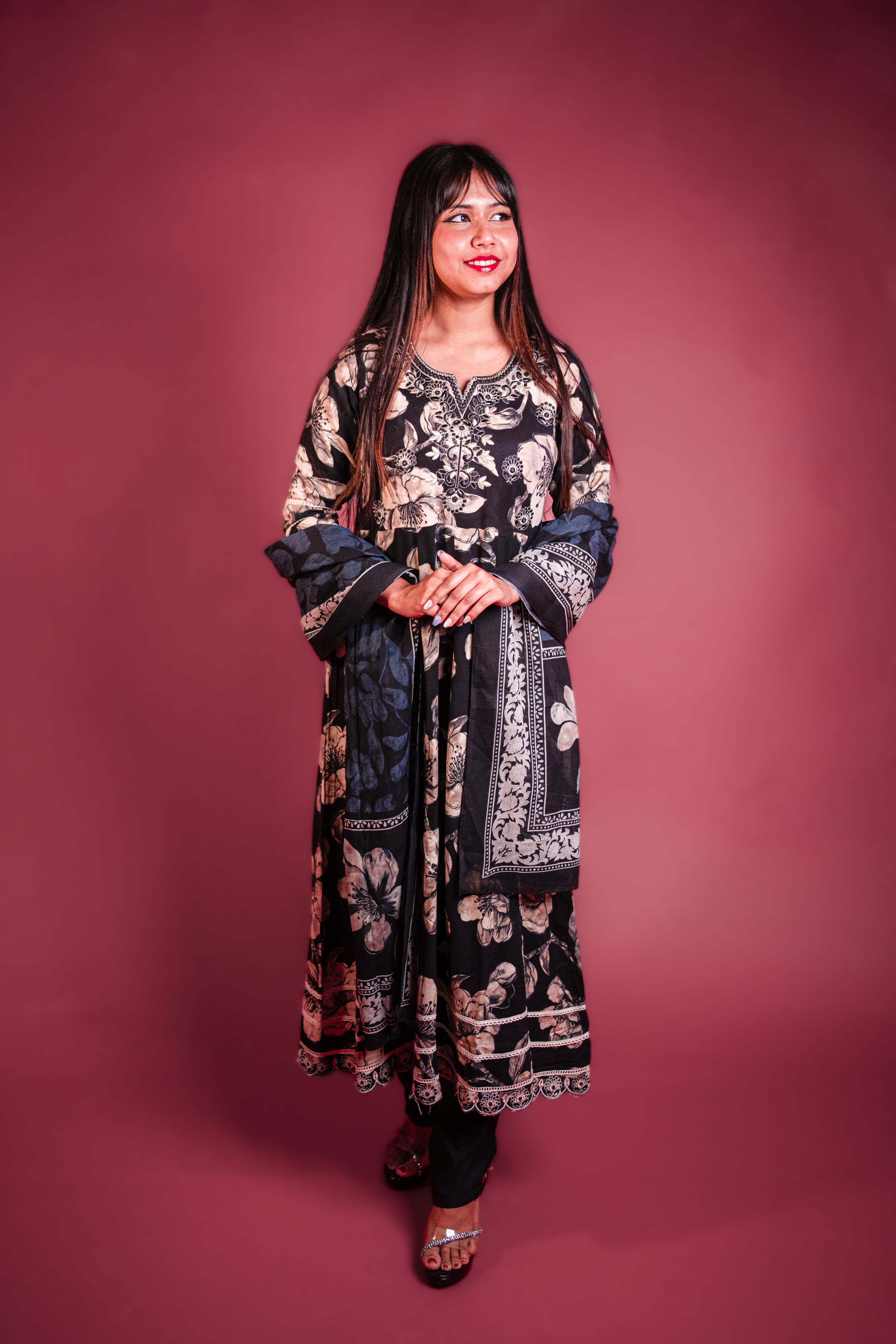 Black Printed Cotton Anarkali Kurta Set with Embroidery