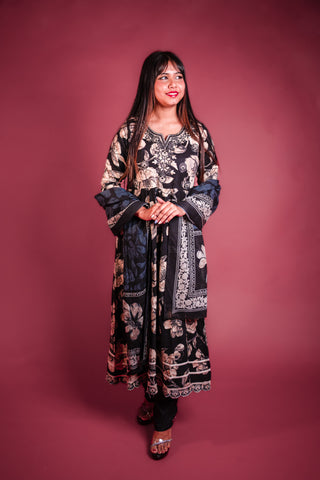 Black Printed Cotton Anarkali Kurta Set with Embroidery