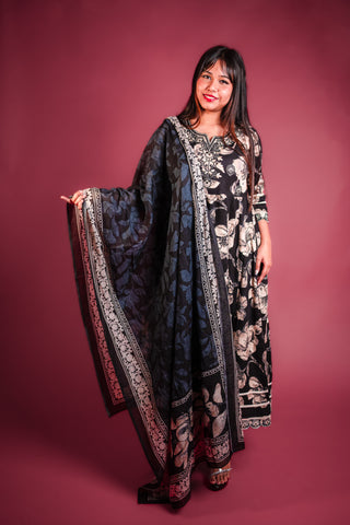 Black Printed Cotton Anarkali Kurta Set with Embroidery