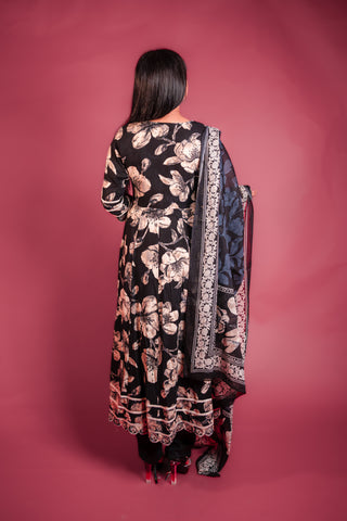 Black Printed Cotton Anarkali Kurta Set with Embroidery