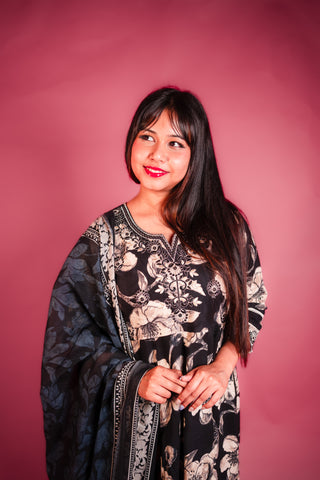 Black Printed Cotton Anarkali Kurta Set with Embroidery