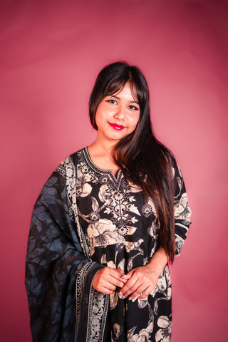 Black Printed Cotton Anarkali Kurta Set with Embroidery