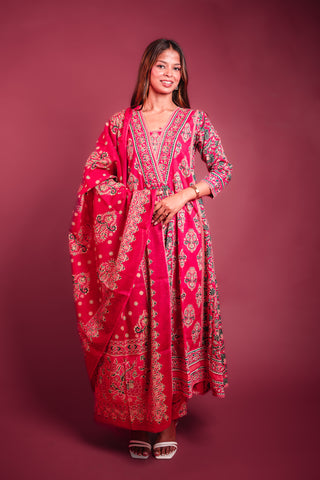 Vibrant Pink Paisley Print Cotton Anarkali Suit Set with Lace Details