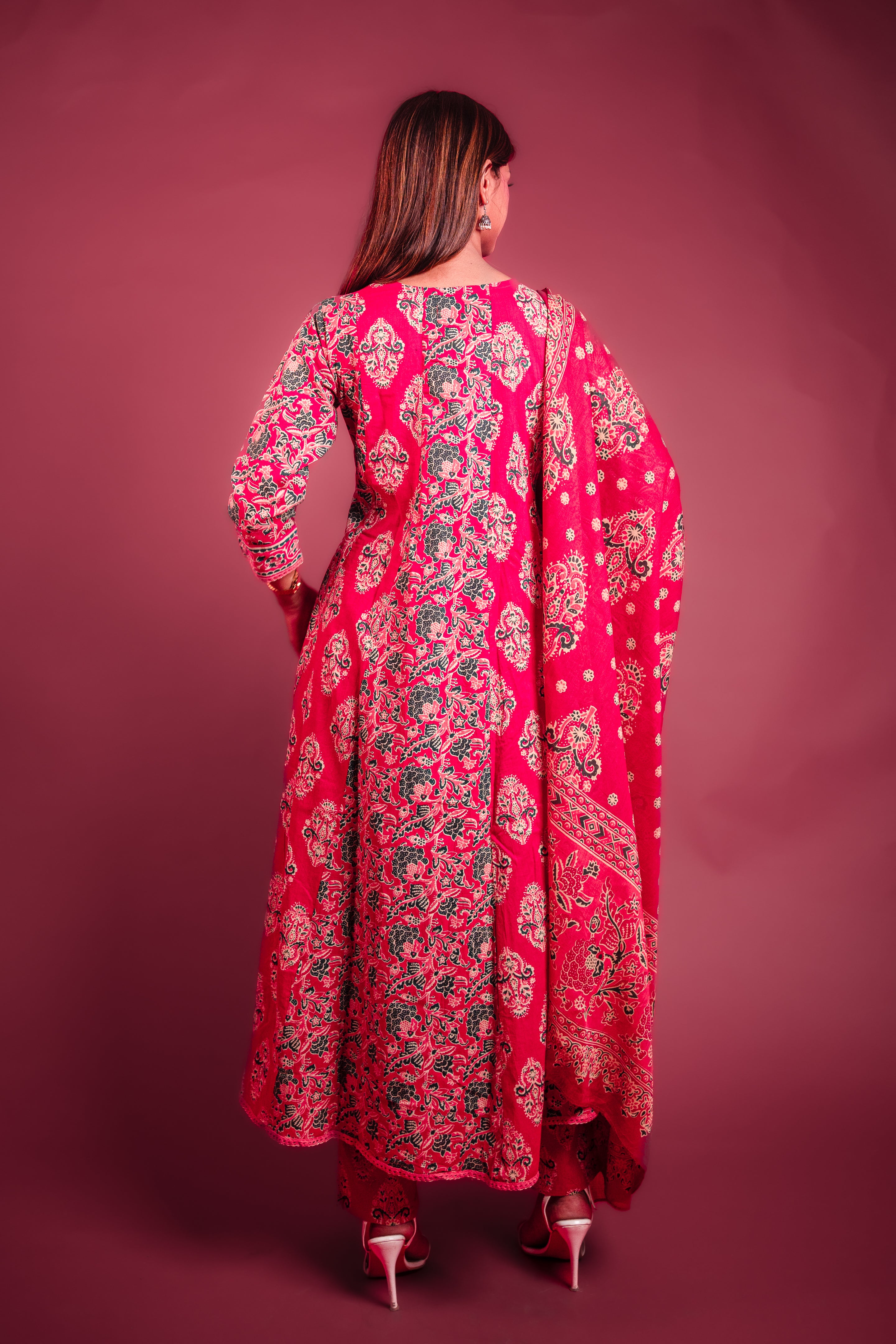 Vibrant Pink Paisley Print Cotton Anarkali Suit Set with Lace Details