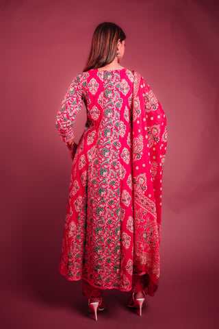 Vibrant Pink Paisley Print Cotton Anarkali Suit Set with Lace Details