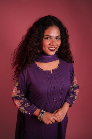 Elegant Deep Purple Cotton Suit Set with Multi-Color Sleeve Embroidery