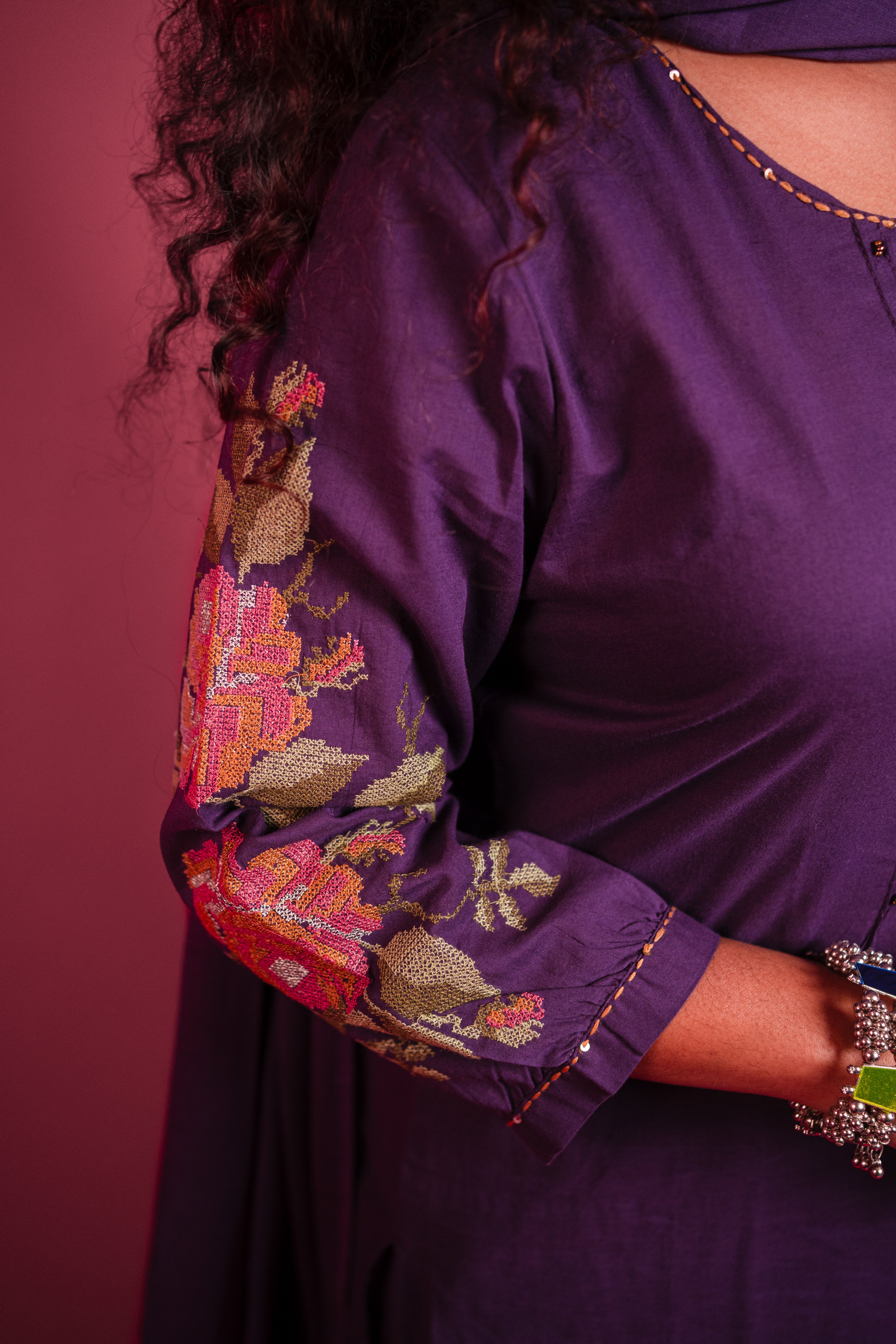 Elegant Deep Purple Cotton Suit Set with Multi-Color Sleeve Embroidery