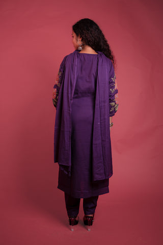 Elegant Deep Purple Cotton Suit Set with Multi-Color Sleeve Embroidery