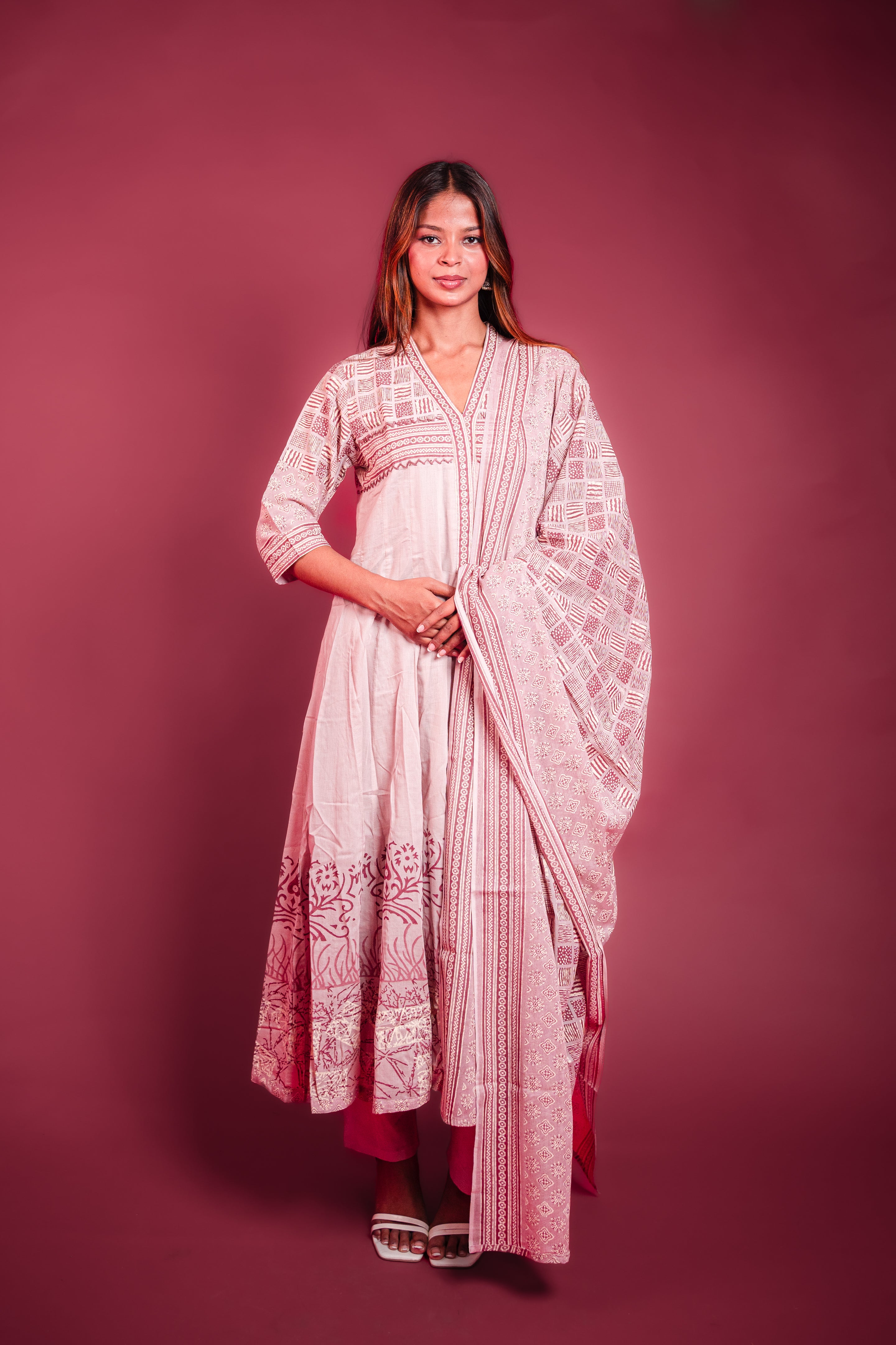 Blush & Rosewood Geometric Block Print Anarkali Set