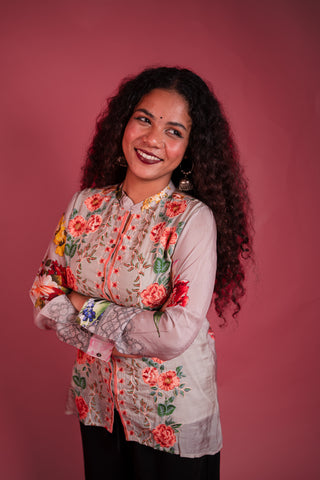 Elegant Beige Silk Floral Embroidered & Printed Tunic