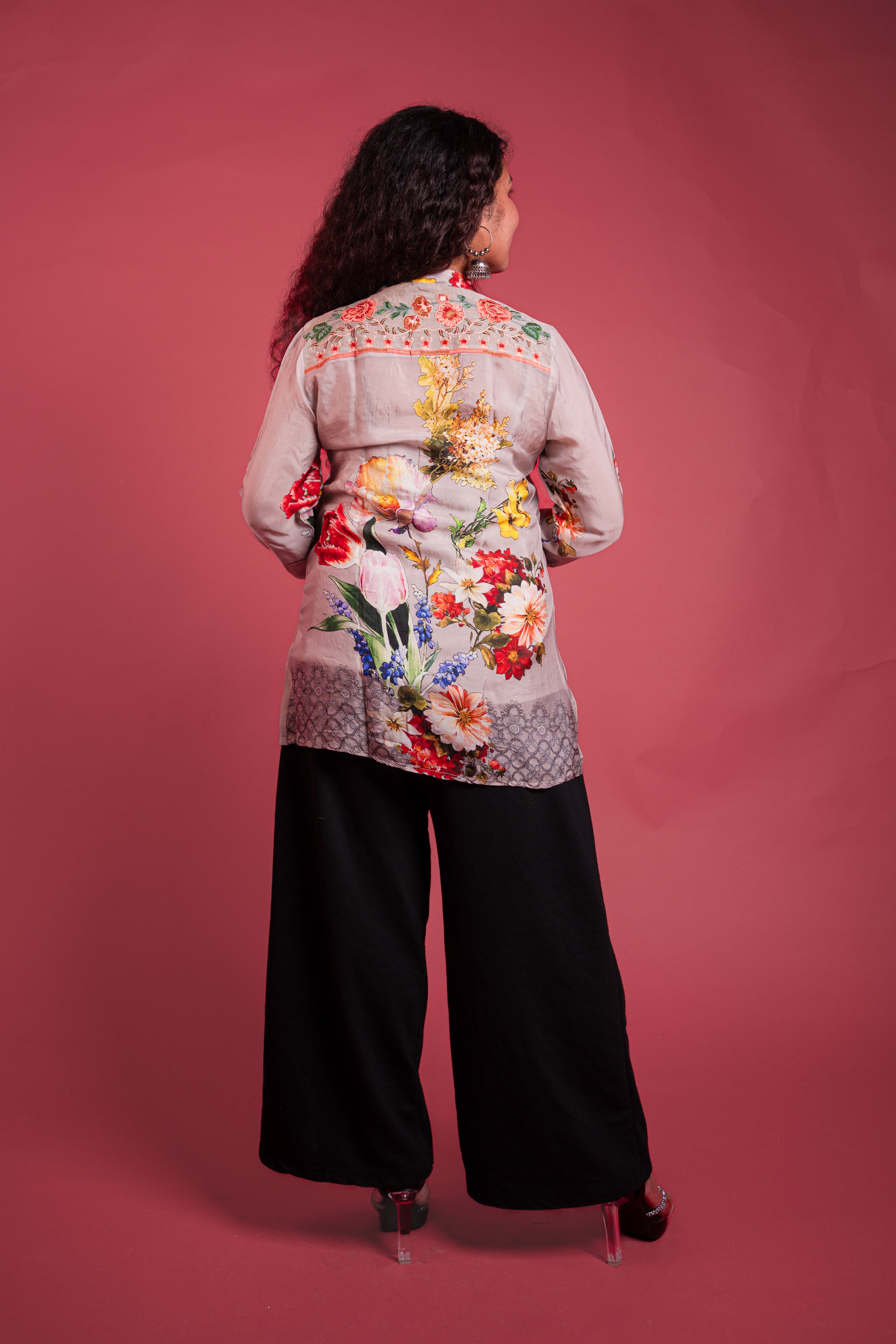 Elegant Beige Silk Floral Embroidered & Printed Tunic