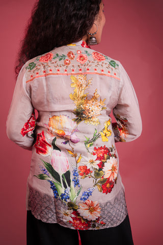 Elegant Beige Silk Floral Embroidered & Printed Tunic