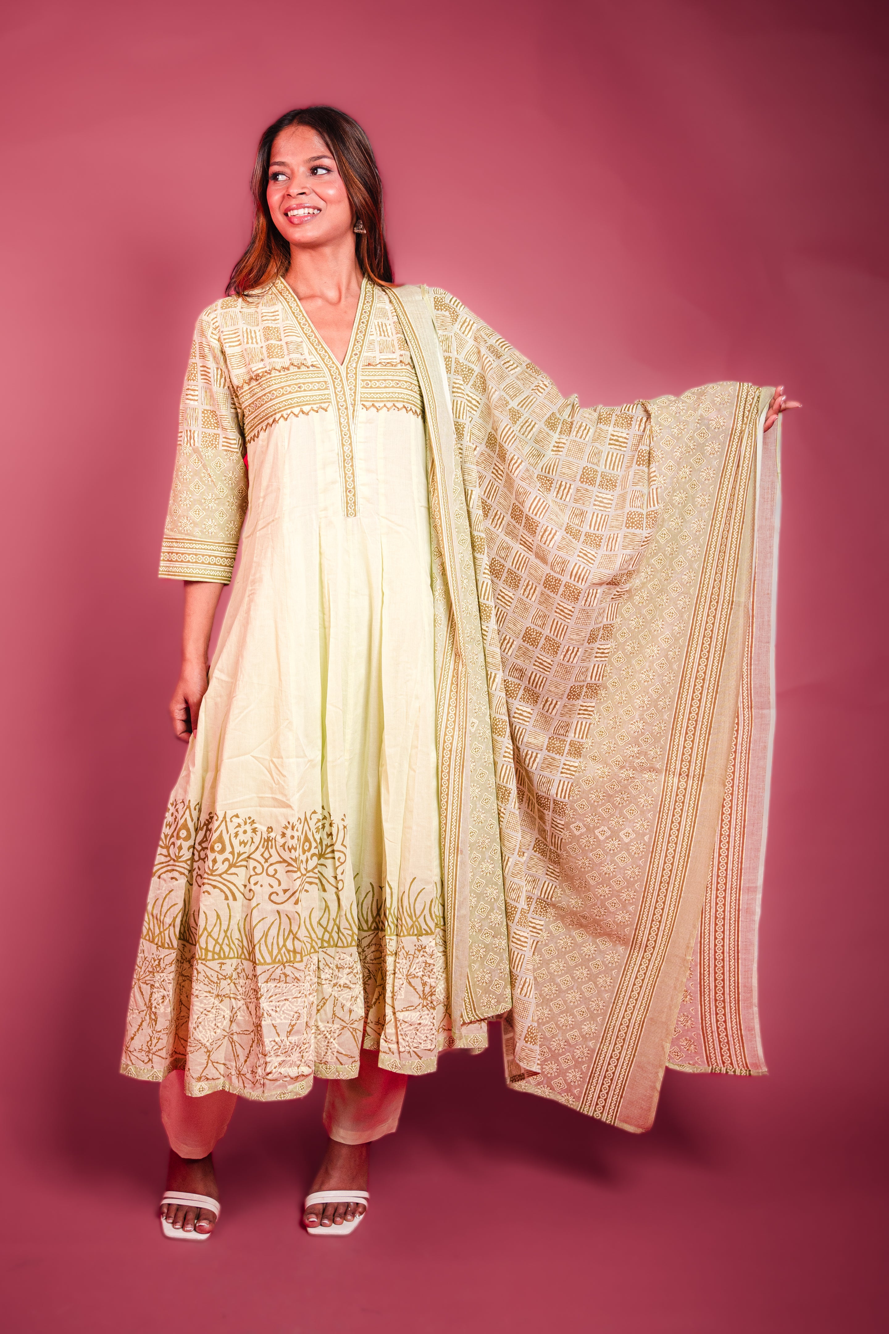 Elegant Earth-Toned Block Print Anarkali Suit Set