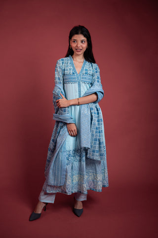 Powder Blue Printed Anarkali Suit Set
