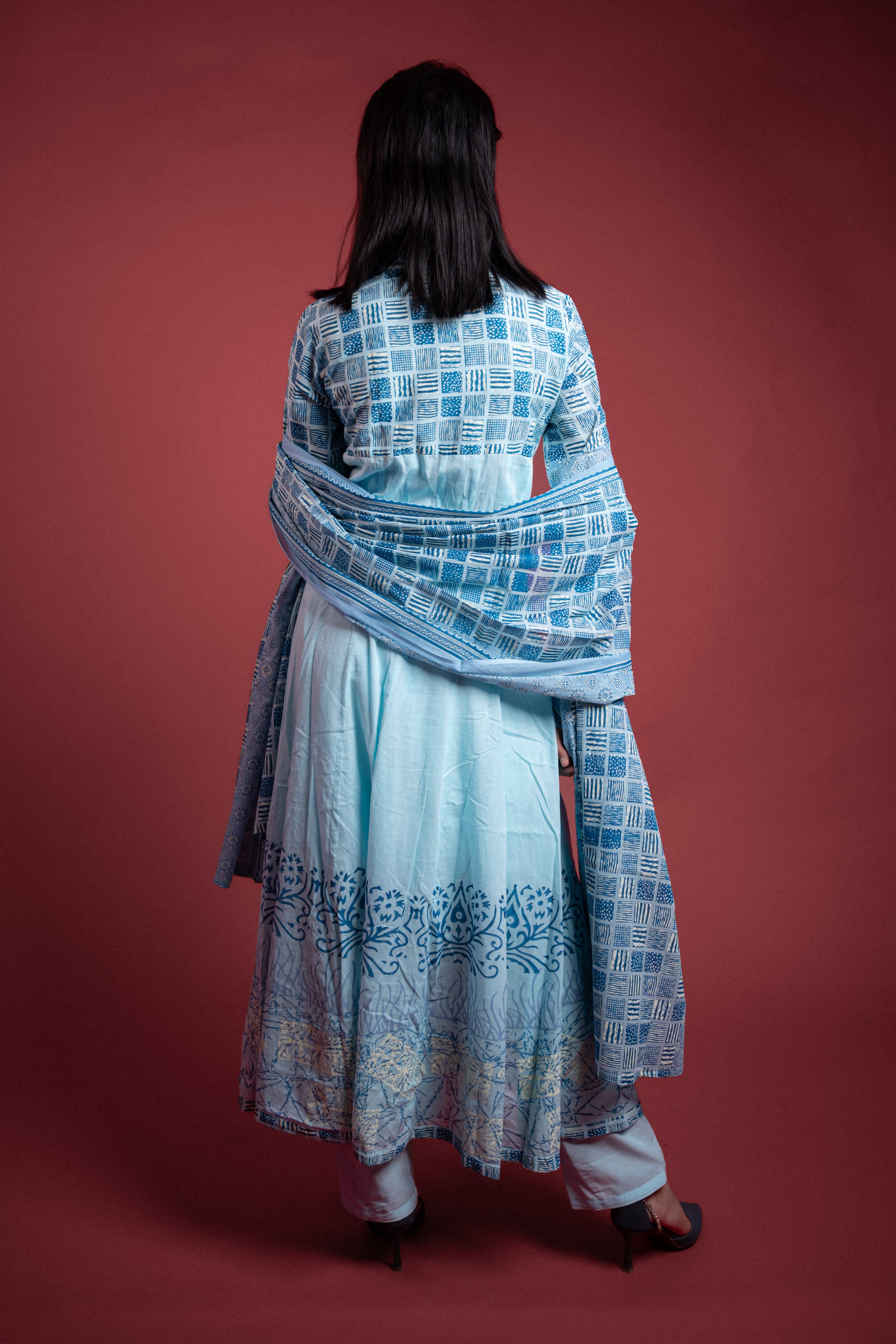 Powder Blue Printed Anarkali Suit Set