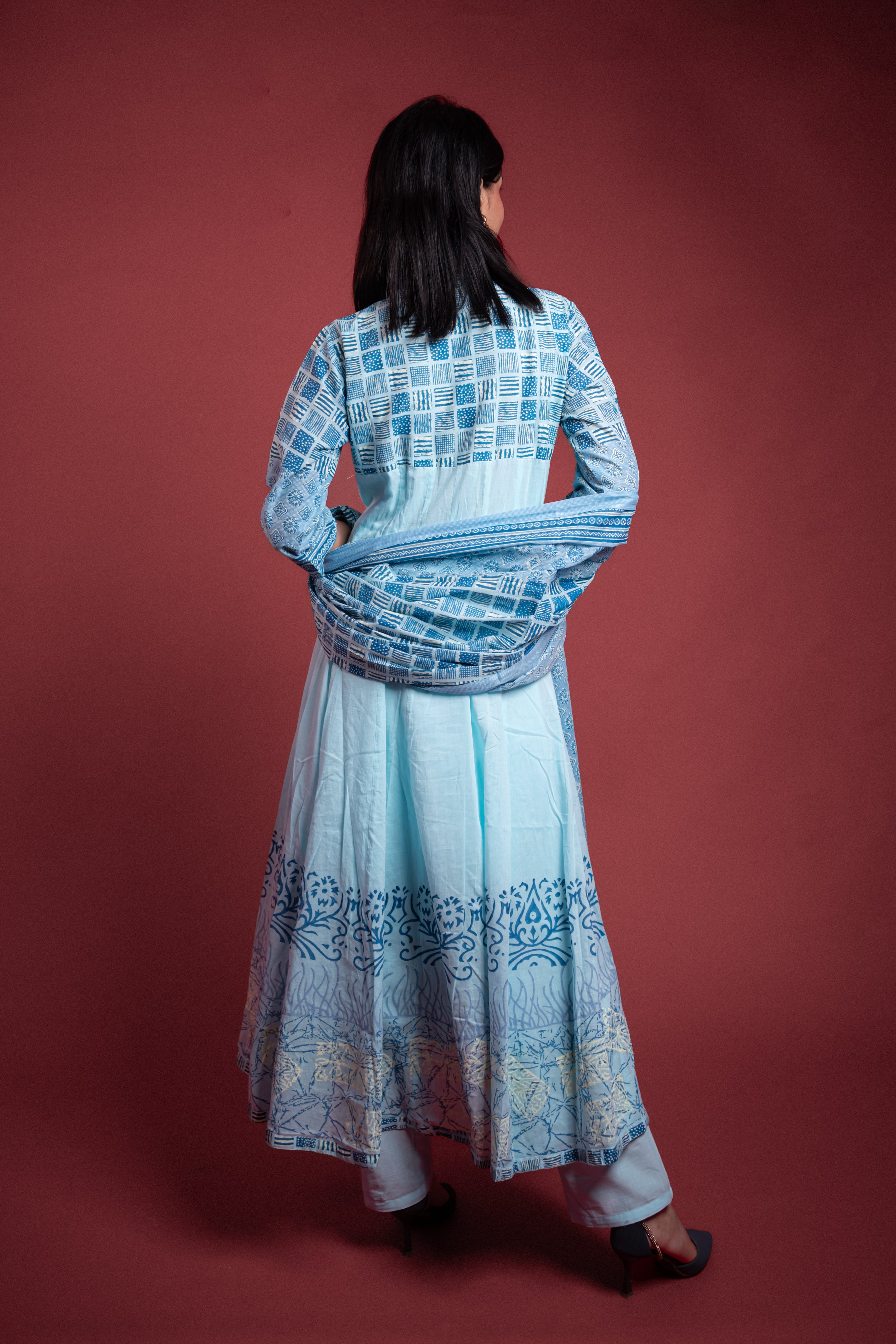 Powder Blue Printed Anarkali Suit Set